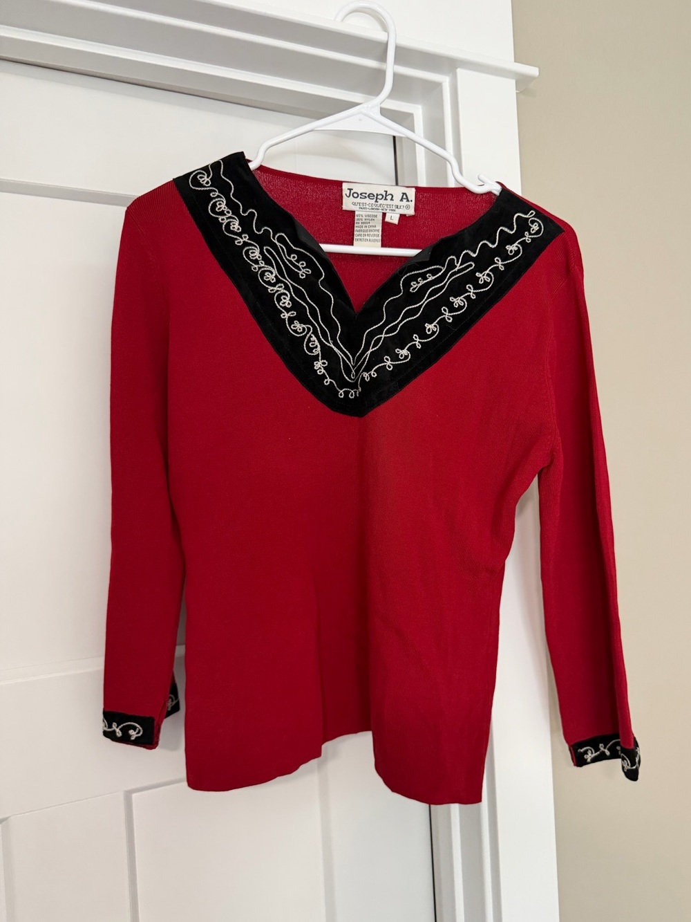 Vintage Joseph A. Red Long-Sleeve V-Neck Top with Black Embroidered Trim